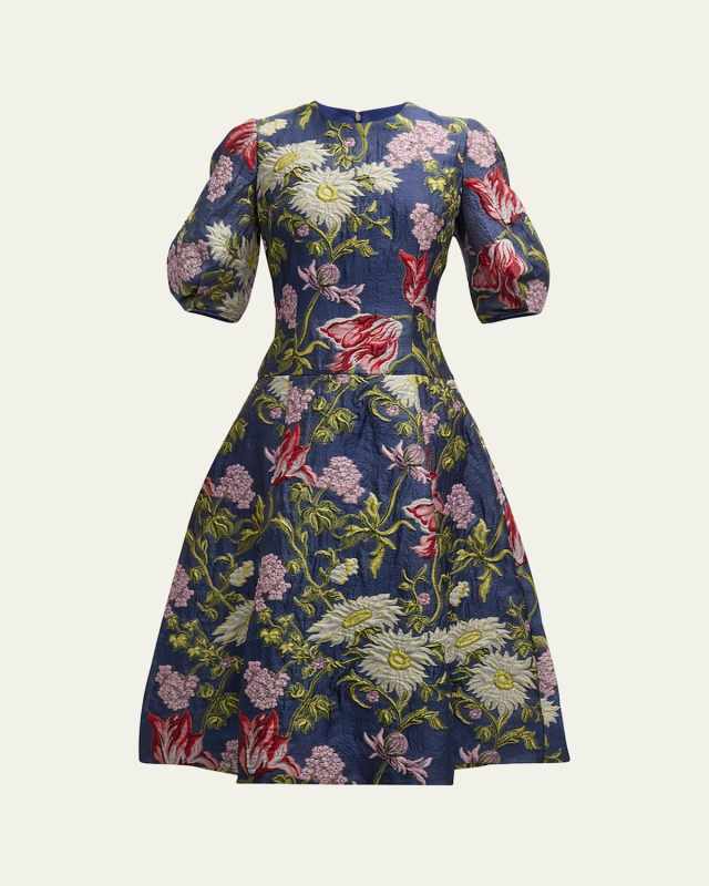 Puff-Sleeve Floral Jacquard Midi Dress